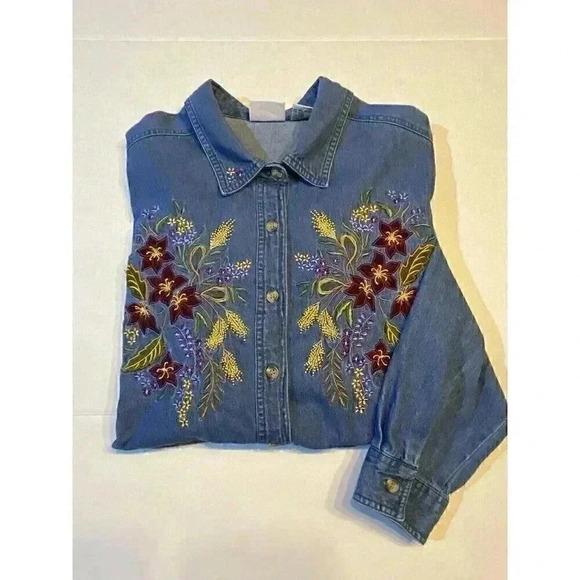 VTG Bobby Brooks Women 14W/16W Denim Shirt Embroidered Floral Button up 90s 80s - Picture 2 of 7